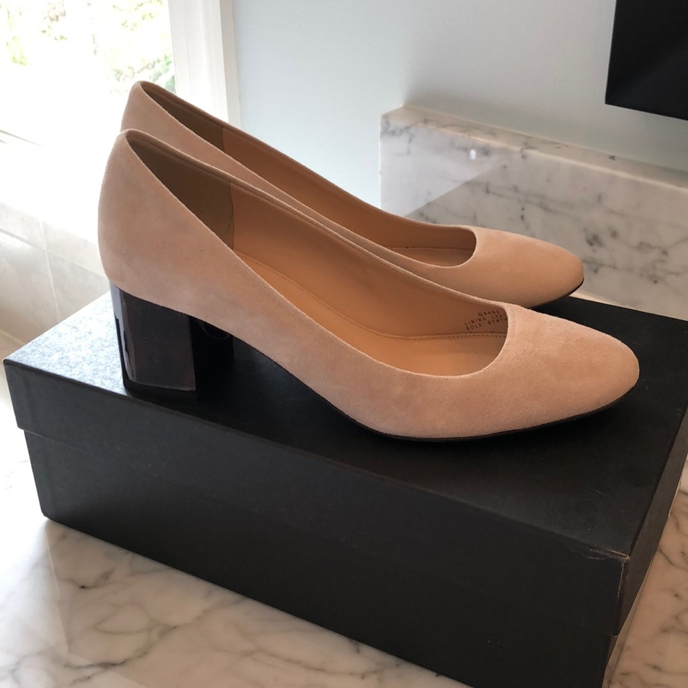 JCrew taupe suede acetate tortoiseshell block heel. NWT made in Italy!